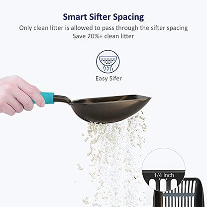 WePet Cat Litter Scoop, Non-Stick Plated Aluminum Alloy Sifter, Kitty Durable Metal Scooper, Deep Shovel, Long Handle, Kitten Pooper Lifter, Size Large, Coated Black Body with Turkish Blue Handle - Image 3