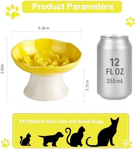 Ceramic Slow Feeder Bowl for Cats and Small Dogs, Elevated Tilted Pet Food Dish, Whisker Friendly Anti-Vomit Design, Heavy Stable Base, Dishwasher Safe， 5 Colors Options (Lemon Yellow) - Image 2