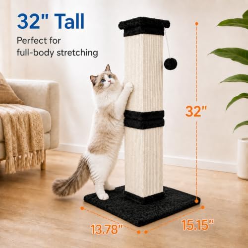 Vertical Cat Scratching Post for Indoor Cats, Sisal Scratch Tower with Soft Plush Base & Dangling Pom Ball, 32'' Tall Cat Scratcher Column, Furniture Protection, Black and White - Image 2