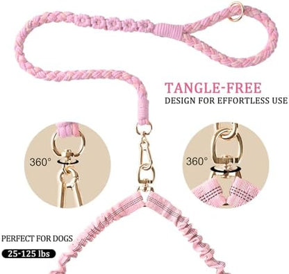 Double Dog Leash – Tangle-Free Dual Leash with 360° Swivel, Shock Absorbing Bungee, Reflective Stitching & Hand-Braided Main Rope (Supports Up to 440 lbs, Pink) - Image 2