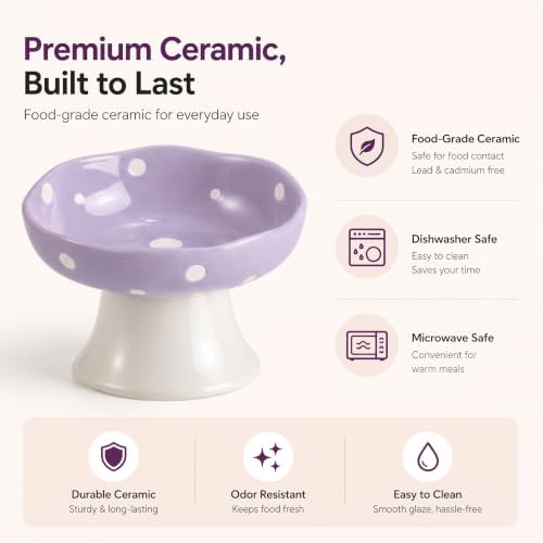 Purple Mushroom Cat Bowl, Elevated Ceramic Bowl for Cats - Image 3