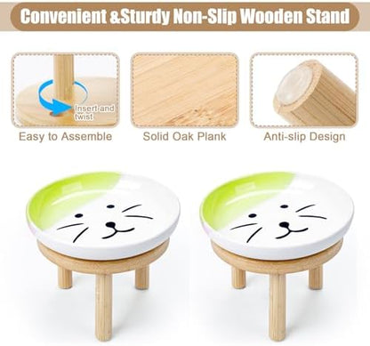 Shallow Elevated Cat Bowls with Bamboo Stand, 5.9 Inch Wide Ceramic Cat Dish Whisker Friendly, 2 Pack Pet Food and Water Plates - Image 3