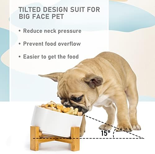 SPUNKYJUNKY 15° Slanted Ceramic Dog and Cat Bowl with Wooden Stand, Tilted Bulldog Food and Water Bowl No Slip Non-Spill for Cats Medium Dogs Big Face Pets 28.7 OZ (3.6 Cups, White) - Image 2