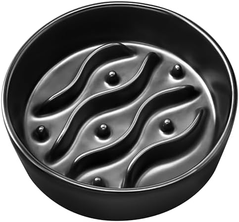 Ceramic Slow Feeder Dog Bowls for Small Dogs, 0.6 Cup Dog Slow Feeder for Fast Eater, Puzzle Maze Bowl, 14oz, 6in, Black by MOPANG