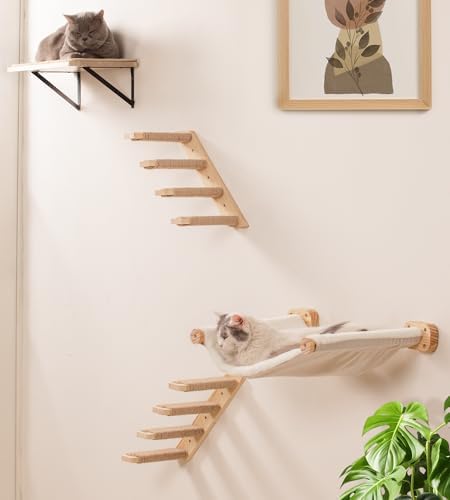 Cat Wall Shelves Set of 4, with 1 Floating Fabric Hammock, 2 Ladders with 4 Steps Each & 1 Flat Shelf – Wall Mounted Bed Furniture & Climber for Large Cats, Indoor Playground by PELUOMOZ