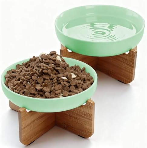 Shallow Elevated Cat Bowls with Bamboo Stand, 6.1 Inch Wide Ceramic Cat Dish Whisker Friendly, 2 Pack Pet Food and Water Plates by Lfpkixise