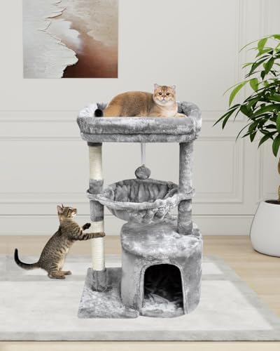 SYANDLVY Small Cat Tree for Indoor Cats, Activity Cat Tower with Scratching Post for Kittens, Modern Cat Furniture with Basket & Hanging Ball for Play Rest, Grey - Image 2