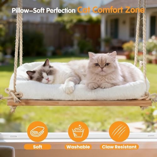 Large Cat Window Perch Hammock, Solid Wood Seat & Plush Cushion - Image 5