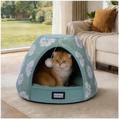 BALANCE Cat Beds for Indoor Cats, 2-in-1 Cat Bed Cave with Anti-Slip Bottom and Ultra-Soft Plush, Cozy Cats House Tent for Kittens and Small Dogs, 19 Inches, Green by BalancePet