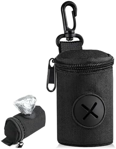 Dog Poop Bag Holder for Leash, Durable Fabric Poop Bag Dispenser with Zipper, Soft Pet Waste Bags Pouch, Small Doggy Puppy Walking Accessories Attachment for Leash (Black) by Vin+Beauty