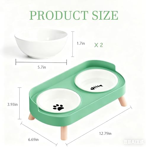 Elevated Cat Bowls, 2 Ceramic Raised Cat Food and Water Bowl Set, Prevent Cat Chin Acne, Whisker Fatigue Friendly, Splash Proof & Dishwasher Safe for Indoor Cats and Small Dogs - Green - Image 3