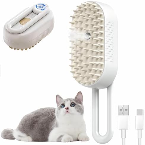 4 in 1 Cat steam brush, USB-Powered Pet for Dogs & Cats | Instant Fog Deshedding Tool, Reduces Shedding & Flyaway Hair | Gentle Grooming Brush for Dog & Cat Hair Loss Control (Beige) by CealumVita