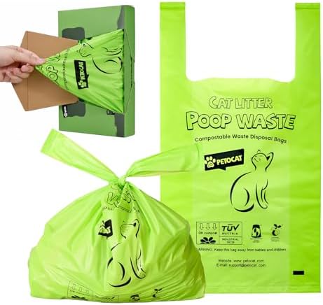 Cat Litter Bags for Poop, Certified Compostable Cat Waste Disposal Bag, Leakproof Durable and Unscented Large to Fit Any Scoop Strengthen Dog Poop Bag- 100 Count by PETOCAT