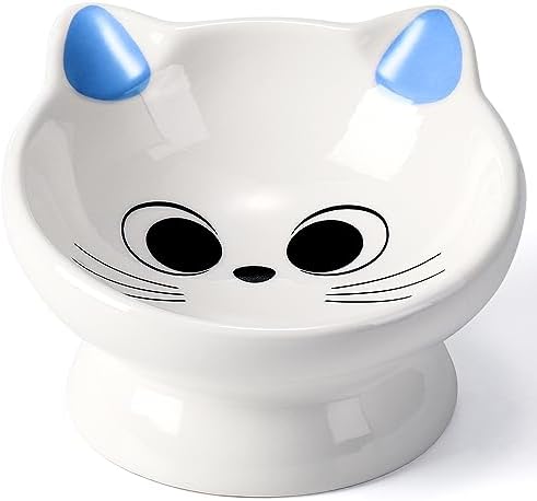 Raised Cat Food Bowl Ceramic 15° Tilted Cat Food Bowls Protect Cat's Spine Anti Vomiting Backflow Prevention Bowls for Adult Cats, Kitten, and Small Dogs, Blue by AISBUGUR
