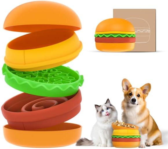 5-in-1 Burger Pet Bowls Set - Tilted Bowl, Elevated Bowl, Slow Feeder, Lick Mat, Non-Slip Bowl for Dog & Cat