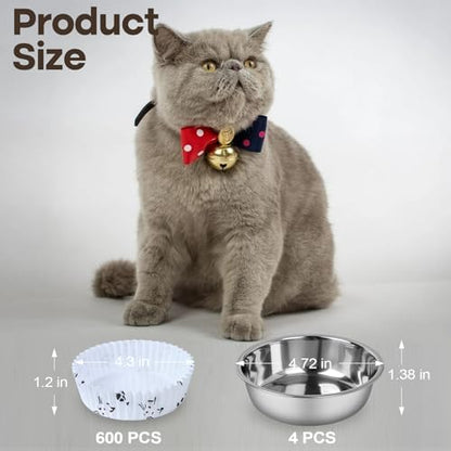 Cat Bowl Set (600 Disposable Pet Bowl Liners with 4 Stainless Steel Bowls) - Image 2