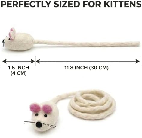 Glaciart One Mini Felt Mouse Cat Toy – Kitten & Small Cat Size, Natural Wool Catnip Toy, Soft Fuzzy Interactive Play Toy for Indoor Kittens, Safe Non-AZO Dyes, 1.4” Body with 12” Tail - Image 2