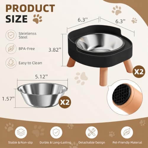 Elevated Cat Bowls, 2P Raised Cat Food and Water Bowl Set for Indoor Cats, Splash Proof with 2 Stainless Steel Food Bowls for Cats ＆ Puppies, Whisker Friendly and Dishwasher Safe - Black - Image 7