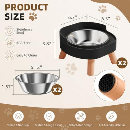 Elevated Cat Bowls, 2P Raised Cat Food and Water Bowl Set for Indoor Cats, Splash Proof with 2 Stainless Steel Food Bowls for Cats ＆ Puppies, Whisker Friendly and Dishwasher Safe - Black - Image 7