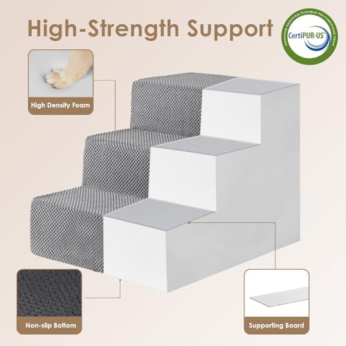 EHEYCIGA Dog Stairs for Small Dogs 16.5" H, 3-Step Extra Wide Ramp, Grey - Image 3