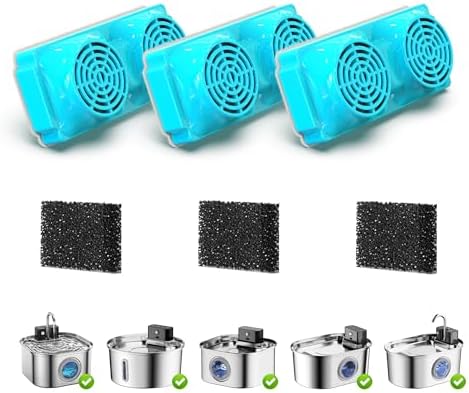 Cat Water Fountain Filter for 108oz/3.2L Wireless Cat Fountain,Replacement Filters for Stainless Steel Battery Operated Pet Fountain(3 Filters and 3 Sponges) by OYES