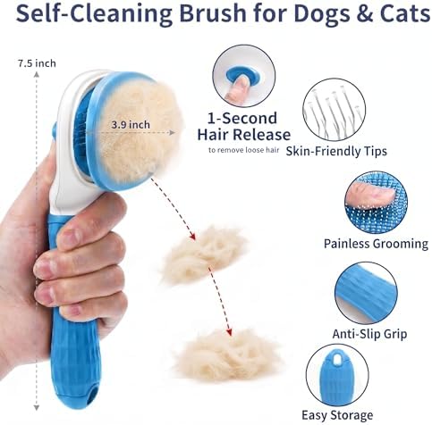 5-in-1 Dog Grooming Kit with Self Cleaning Brush & Rake, Blue - Image 2