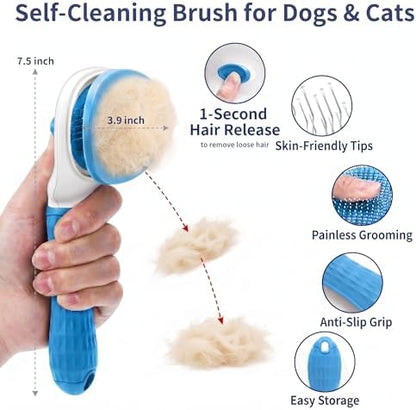 5-in-1 Dog Grooming Kit with Self Cleaning Brush & Rake, Blue - Image 2