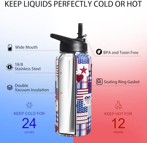 32oz American Flag Flip Stainless Insulated Aater Water Bottle with Straw,4th of July Gym Hiking Sports Coffee Mug Cup Water Bottles,Patriotic Military Gifts For Veterans, Police - Image 4