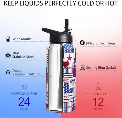 32oz American Flag Flip Stainless Insulated Aater Water Bottle with Straw,4th of July Gym Hiking Sports Coffee Mug Cup Water Bottles,Patriotic Military Gifts For Veterans, Police - Image 4