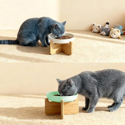 Shallow Elevated Cat Bowls with Bamboo Stand, 6.1 Inch Wide Ceramic Cat Dish Whisker Friendly, 2 Pack Pet Food and Water Plates - Image 6