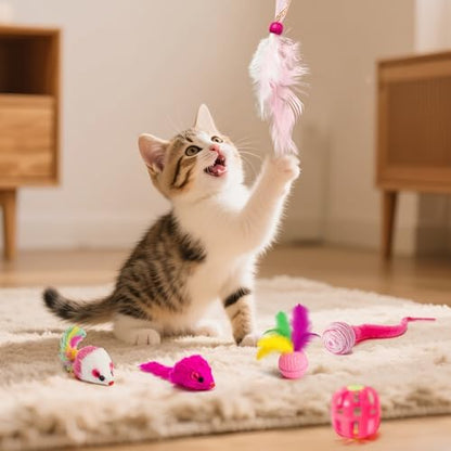 MALLMALL6 Cat Toy Set Interactive Cat Toys 27Pcs Pack Stuff Pink Feather Teaser Wand Springs Mice Sisal Fish Crinkle Balls Bell Balls, Puzzle Pack for Indoor Kitty Play Exercise - Image 3