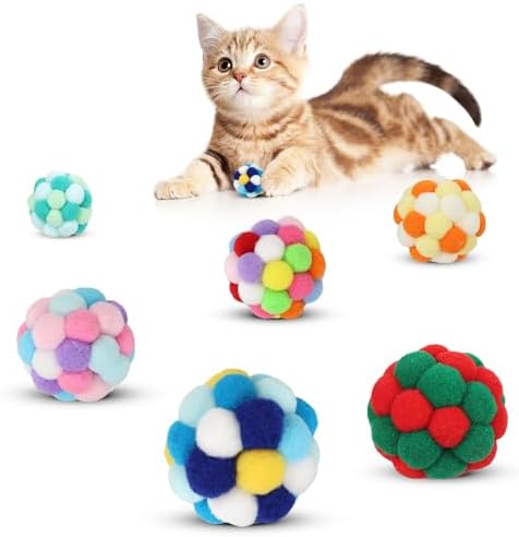 TUSATIY Interactive Cat Ball Toy,6pcs Fuzzy Kitty Balls with Bells,Cat Pom Pom Balls for Kittens to Keep Busy,Colorful Cat Chew Toys for Indoor Cats by TUSATIY