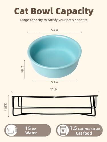 GDCZ Elevated Cat Bowl Stand, 11.6 in Metal Stand with 2 Removable 15 OZ Ceramic Bowls for Pet Food and Water, Stand Reduces Cat Neck Burden, Turquoise - Image 2