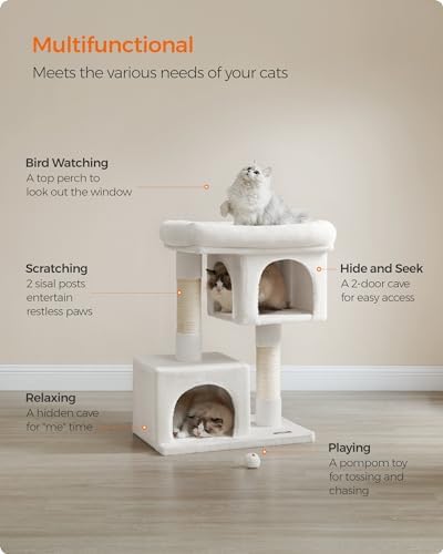 Feandrea Cat Tree, 33.1-in Cute Cat Tower, Plush Kitten Condo, Cream White - Image 4