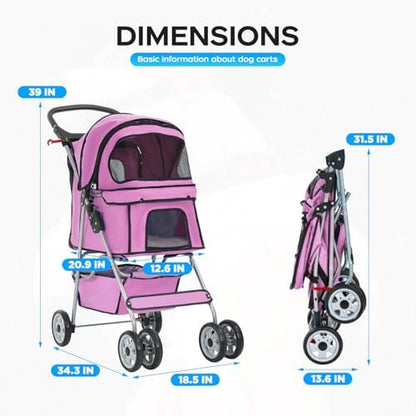 BestOffice Pet Stroller for Small Medium Dogs & Cats, 4-Wheel Foldable Dog Stroller with Cup Holder, Lightweight Travel Carrier, Waterproof Design for Outdoor Walks, Pink - Image 7