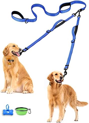 PetBonus Double Dog Leash, No Tangle Dual Leash, Reflective Walking Training Lead, 4 Comfortable Padded Handles for 2 Dogs with Collapsible Bowl and Waste Bags (Blue, Large) by Petbonus