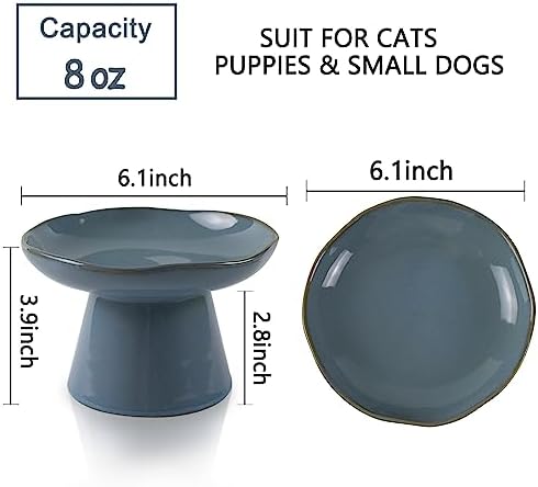 Extra Wide 6.1" Ceramic Raised Cat Food Bowl, Shallow Elevated Pet Feeder for Food Feeding, Anti Vomiting Whisker Fatigue Bowls for Cat Puppy, Blue - Image 2