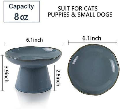 Extra Wide 6.1" Ceramic Raised Cat Food Bowl, Shallow Elevated Pet Feeder for Food Feeding, Anti Vomiting Whisker Fatigue Bowls for Cat Puppy, Blue - Image 2