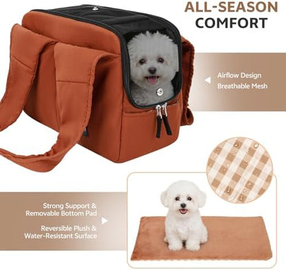 Dog Purse Carrier for Small Dogs and Cats, Soft-Sided Pet Tote Bag with 6 Large Pockets, Collapsible Travel Puppy Carrier, Fits Pets up to 13 lbs (Caramel, 15.7" L x 8" W x 11.8" H) - Image 3