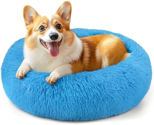 28in Large Dog Bed, Calming Donut Bed for Puppy and Kitten (Light Blue) by Hoewina