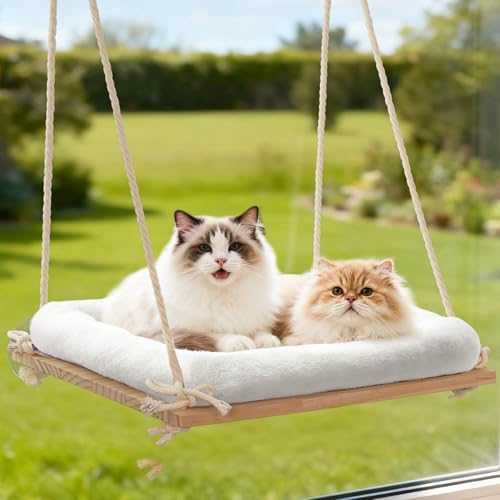 Large Cat Window Perch Hammock, Solid Wood Seat & Plush Cushion by Anywish