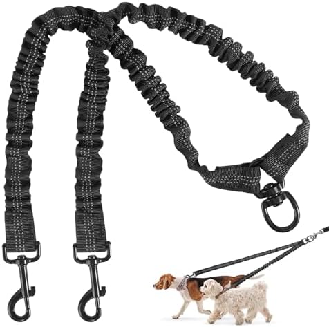 Double Dog Leash, 360° Swivel No Tangle Dog Leash for 2 Dogs, Black Shock Absorbing Reflective Bungee Double Leashs for Medium Dogs Walking Training by Unknown
