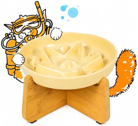 Slow Feeder Cat Bowl with Stand, Melamine Elevated Cat Food Bowl, Whisker Friendly Raised Puzzle Feeder for Cats & Small Dogs,Wet & Dry Food, Dishwasher Safe, Non-Slip (Light Yellow) by Tafelf