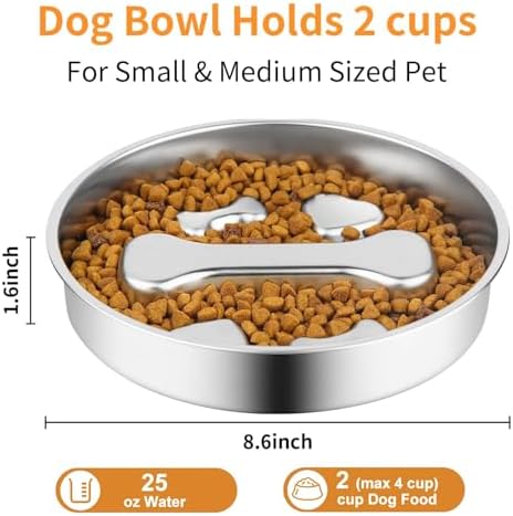 Stainless Steel Slow Feeder Dog Bowls,Slow Food Bowl for Dog & Cat - 2 Cups Capacity,Bone-Shaped Design Pet Food Holder,Metal Non-Slip Lick Plate,Puzzle Maze Dish for Small Sized Breeds - Image 2