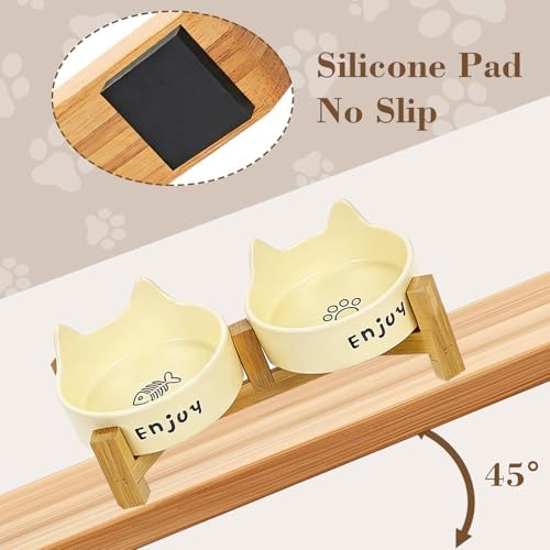 Ceramic Dog and Cat Bowl Set with Wooden Stand-Raised Non-Slip Bottom Weighted Matte Glaze Pet Feeder-Yellow Cat Ear-6.76 OZ - Image 2