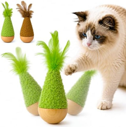 2-Pack Interactive Self-Righting Wobble Cat Toy with Feather, Fluffy Plush Wooden Tumbler for Bored Adult Indoor Cats Silent Self Play Cat Enrichment Toy, Green & Brown by Unknown