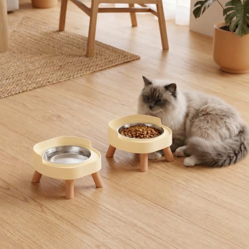 Elevated Cat Bowls, 2P Raised Cat Food and Water Bowl Set for Indoor Cats, Splash Proof with 2 Stainless Steel Pet Food Bowls for Cats ＆ Puppies, Whisker Friendly and Dishwasher Safe - Yellow - Image 7
