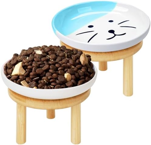 Shallow Elevated Cat Bowls with Bamboo Stand, 5.9 Inch Wide Ceramic Cat Dish Whisker Friendly, 2 Pack Pet Food and Water Plates by Lfpkixise