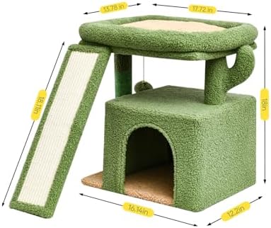 Small Cactus Cat Tree for Indoor Cats, Green Cat Tower with Scratching Post & Board, Unique Cactus Cat House with Perch for Kittens, Stable Condo and Stand (Green) - Image 3