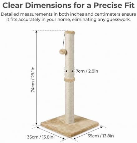 Dimaka 29" Height Tall Cat Scratching Post, Claw Scratcher with Sisal Rope and Covered with Soft Smooth Plush, Vertical Scratch [Full Strectch] for Standard Size Cats (Light Brown, 29 inches) - Image 2
